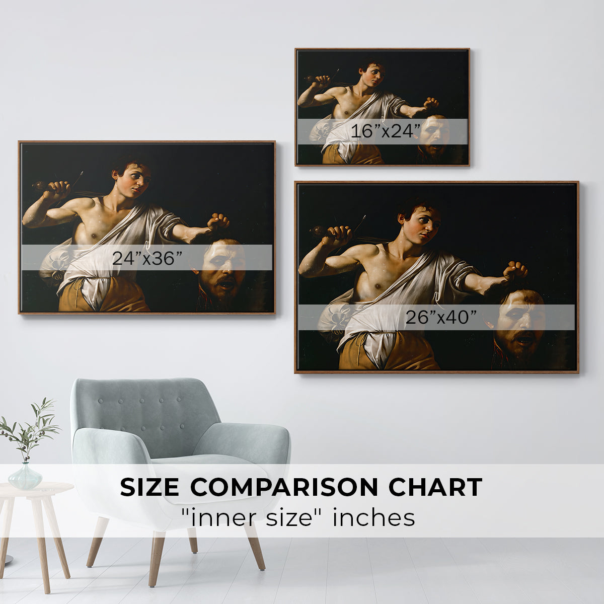 Size comparison chart for walnut floater framed canvas featuring David with the Head of Goliath (Vienna Version), c. 1607 by Caravaggio.
