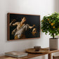 David with the Head of Goliath (Vienna Version), c. 1607 by Caravaggio, presented in a walnut floater framed canvas featuring a young David holding the severed head of Goliath against a dark background, displayed above a hallway console table.