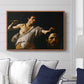 David with the Head of Goliath (Vienna Version), c. 1607 by Caravaggio displayed above a sofa in a living room in a walnut floater frame, featuring a biblical scene of David gripping Goliath's head with dramatic lighting.