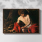 Front view of Saint John the Baptist in the Wilderness, c. 1603-1604 by Caravaggio in a walnut floater framed canvas.