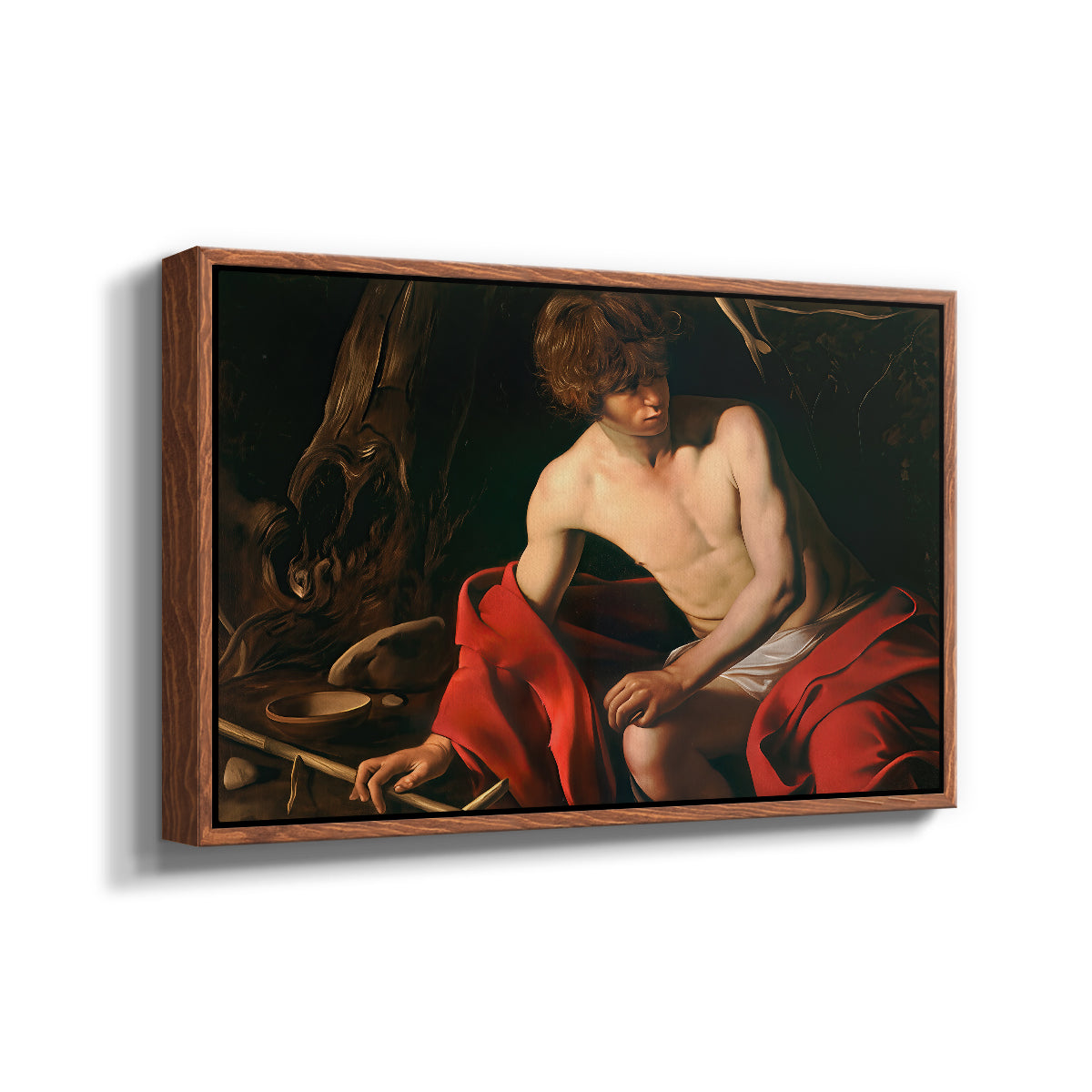 Angled view of Saint John the Baptist in the Wilderness, c. 1603-1604 by Caravaggio in a walnut floater framed canvas.