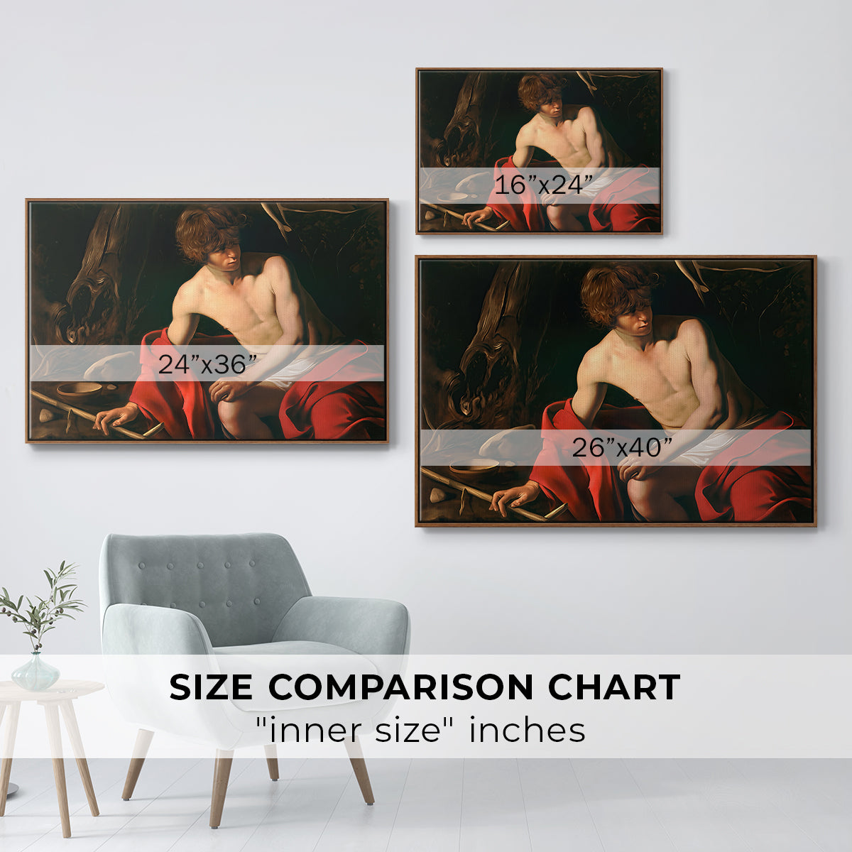 Size comparison chart for walnut floater framed canvas featuring Saint John the Baptist in the Wilderness, c. 1603-1604 by Caravaggio.