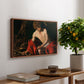 Saint John the Baptist in the Wilderness, c. 1603-1604 by Caravaggio, presented in a walnut floater framed canvas featuring a young Saint John seated in wilderness with staff and red drapery, displayed above a hallway console table.