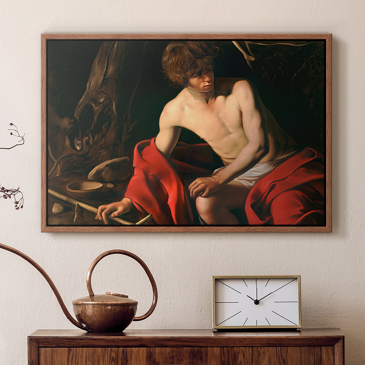 Walnut floater framed canvas featuring a biblical youth seated outdoors with symbolic staff and minimal landscape, displayed above a cabinet in a soft-toned living room.
