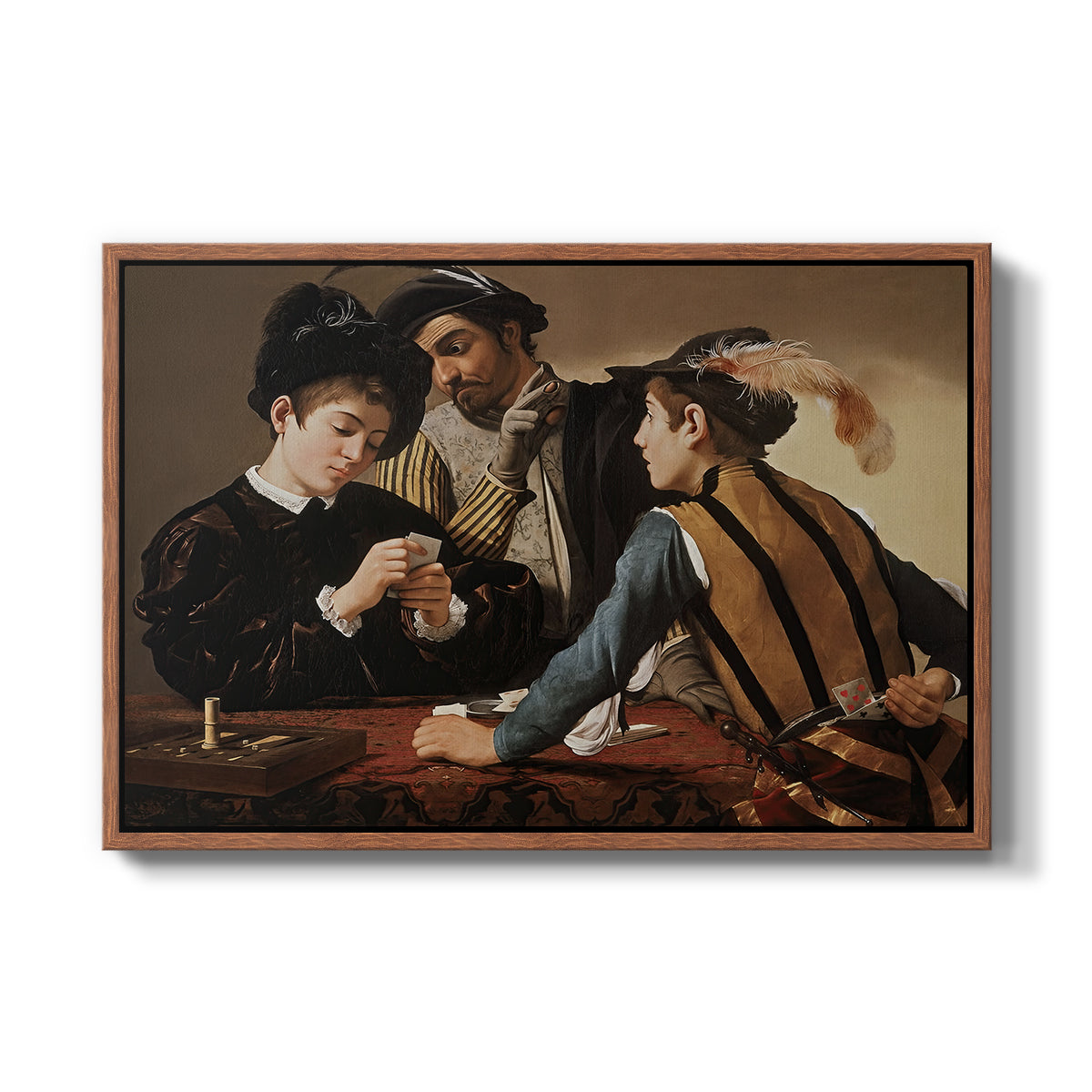The Cardsharps, c. 1594 by Caravaggio in a walnut floater framed canvas wall art display.