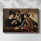 Front view of The Cardsharps, c. 1594 by Caravaggio in a walnut floater framed canvas.