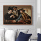 The Cardsharps, c. 1594 by Caravaggio displayed above a sofa in a living room in a walnut floater frame, featuring a genre scene of card game with deception and hidden accomplice.