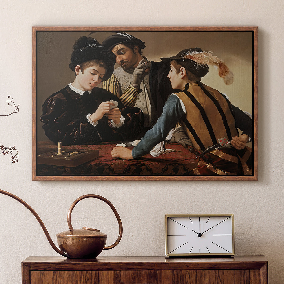 Walnut floater framed canvas featuring a young men playing cards with one cheating and another watching closely, displayed above a cabinet in a soft-toned living room.
