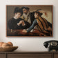 The Cardsharps, c. 1594 by Caravaggio in a walnut floater framed canvas displayed above a console table in a hallway, featuring a dramatic interior scene of gambling and trickery among figures.
