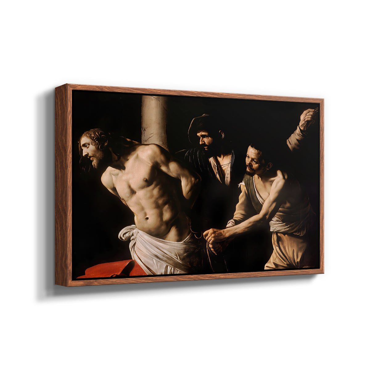 Angled view of The Flagellation of Christ at the Column (Rouen Version), 1606 by Caravaggio in a walnut floater framed canvas.