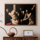 Walnut floater framed canvas featuring a biblical depiction of men whipping Christ tied to pillar, displayed above a cabinet in a soft-toned living room.