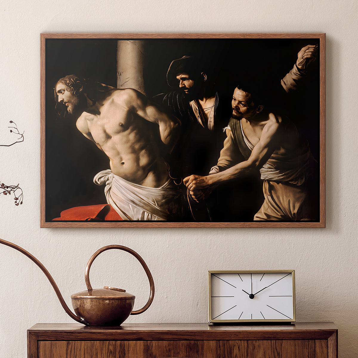Walnut floater framed canvas featuring a biblical depiction of men whipping Christ tied to pillar, displayed above a cabinet in a soft-toned living room.