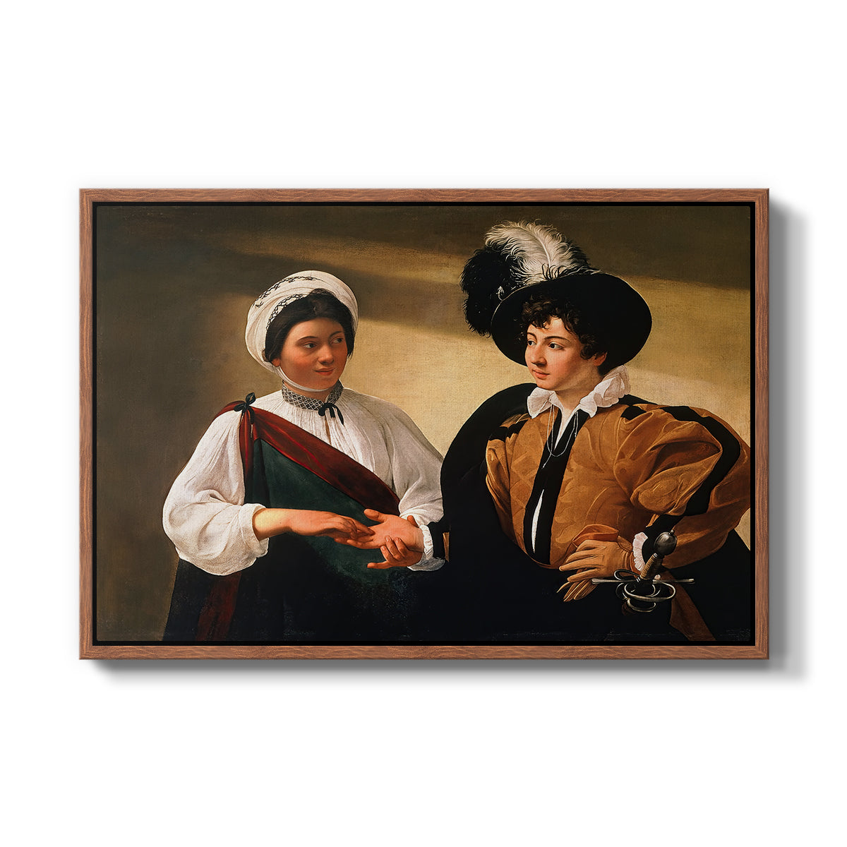 The Fortune Teller (Louvre Version), c. 1595 by Caravaggio in a walnut floater framed canvas wall art display.