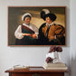 Walnut floater framed canvas featuring The Fortune Teller (Louvre Version), c. 1595 by Caravaggio above an entryway table in a minimalist foyer.