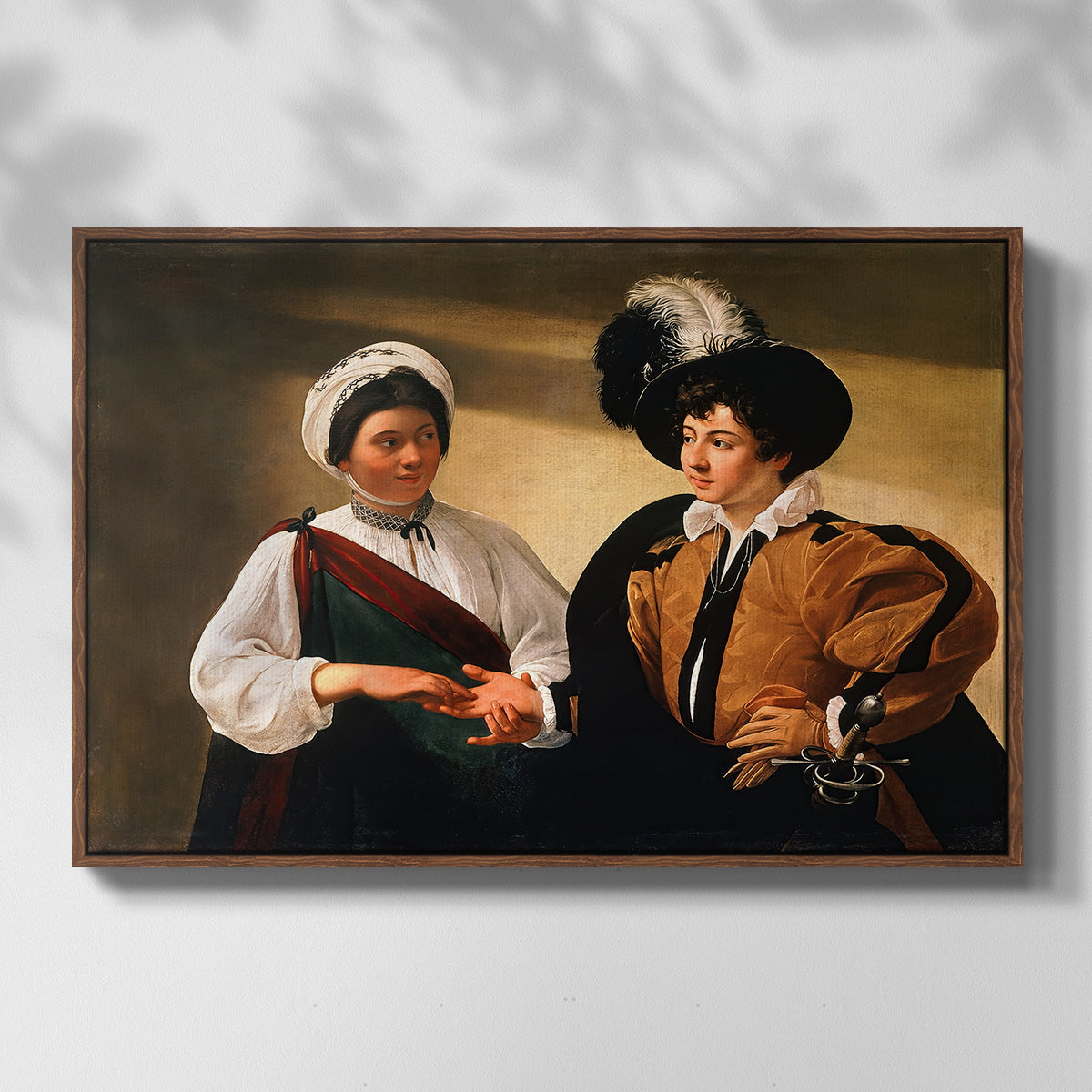 Front view of The Fortune Teller (Louvre Version), c. 1595 by Caravaggio in a walnut floater framed canvas.