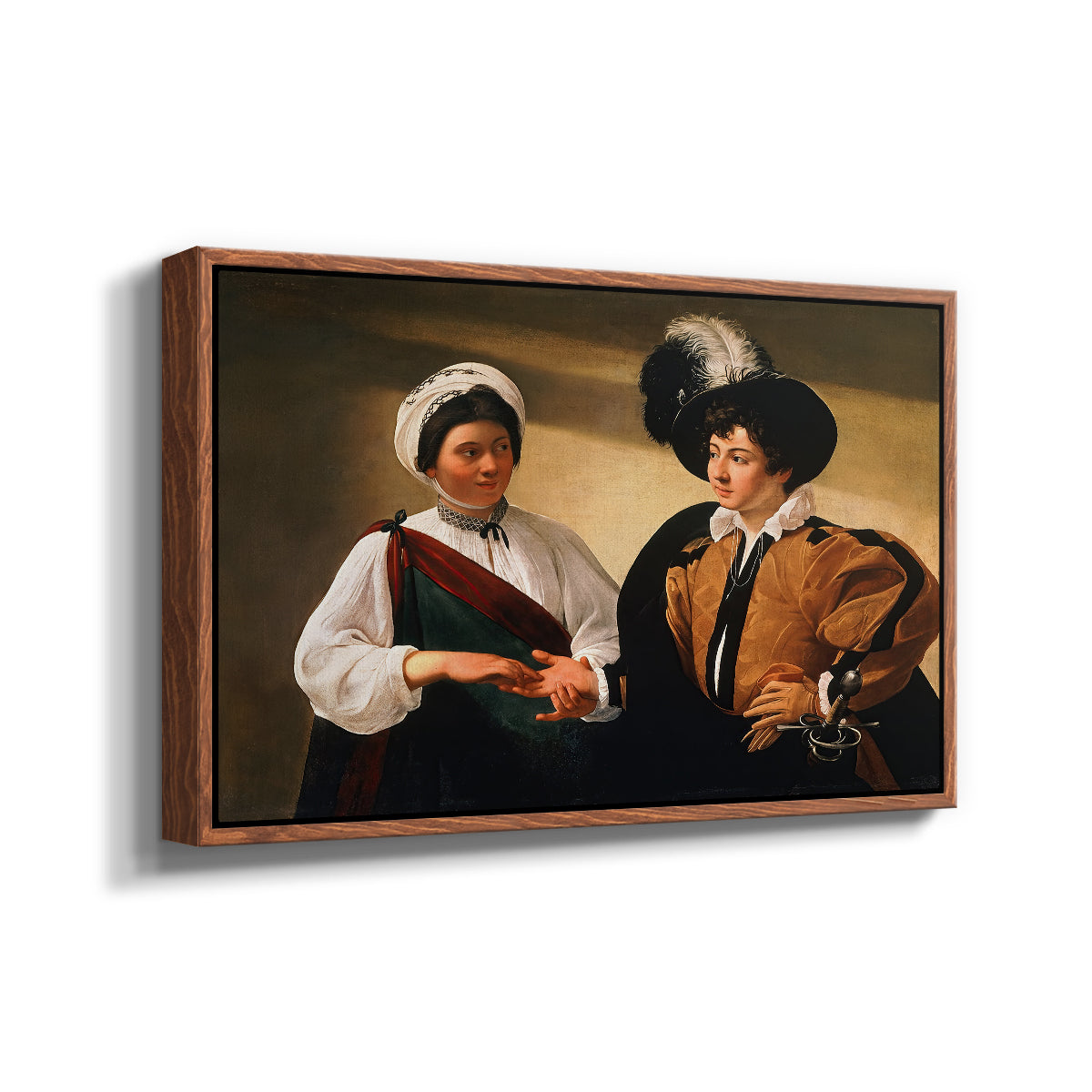 Angled view of The Fortune Teller (Louvre Version), c. 1595 by Caravaggio in a walnut floater framed canvas.