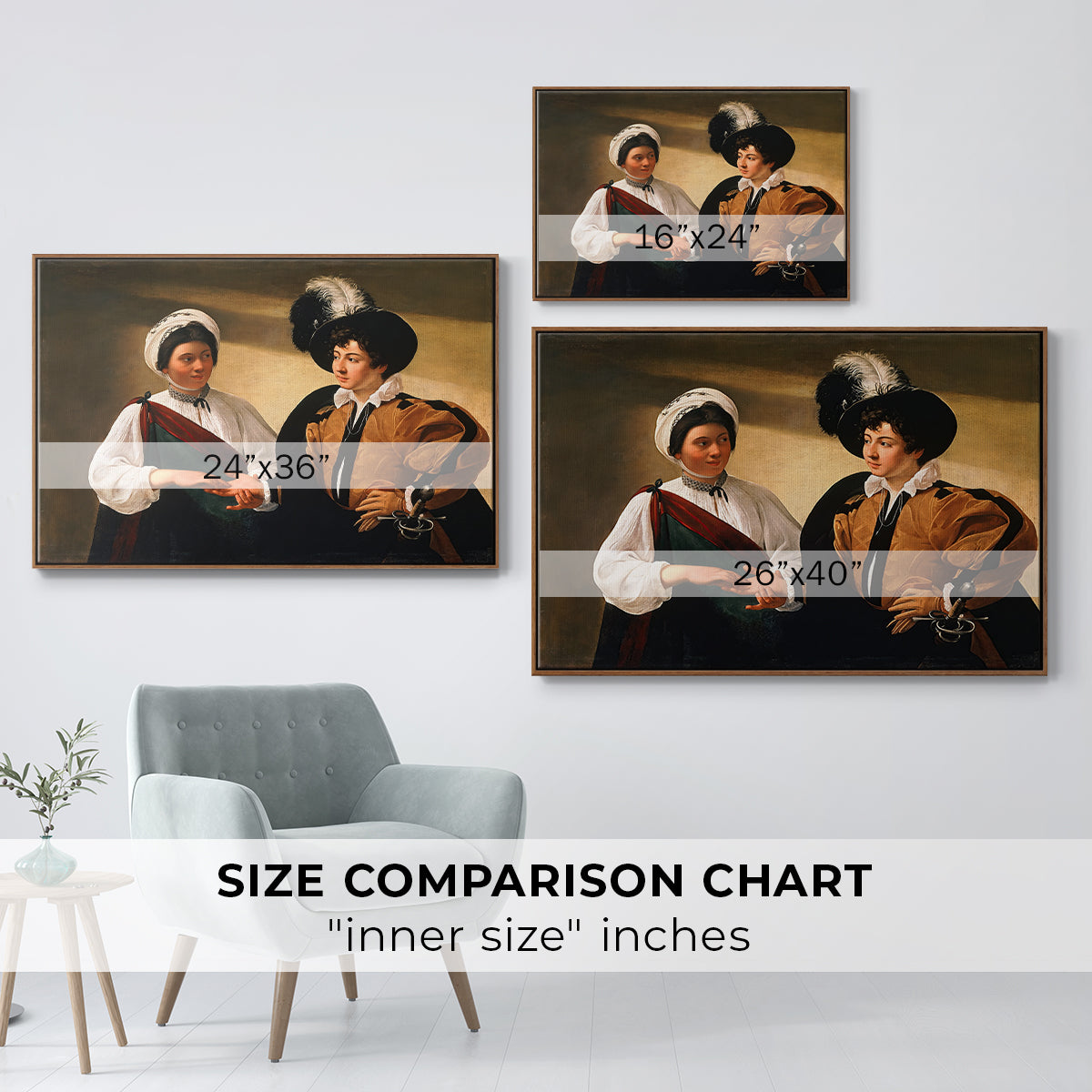 Size comparison chart for walnut floater framed canvas featuring The Fortune Teller (Louvre Version), c. 1595 by Caravaggio.