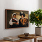The Fortune Teller (Louvre Version), c. 1595 by Caravaggio, presented in a walnut floater framed canvas featuring a woman reading a young man's palm while secretly stealing his ring, displayed above a hallway console table.