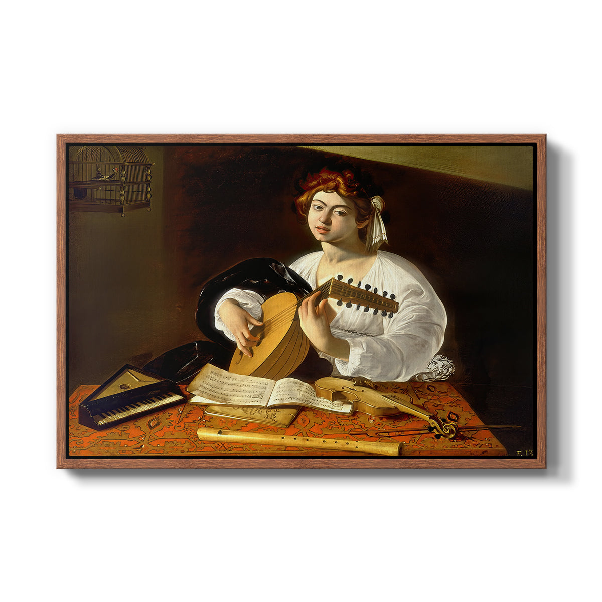 The Lute Player (Wildenstein Version), c. 1596 by Caravaggio in a walnut floater framed canvas wall art display.