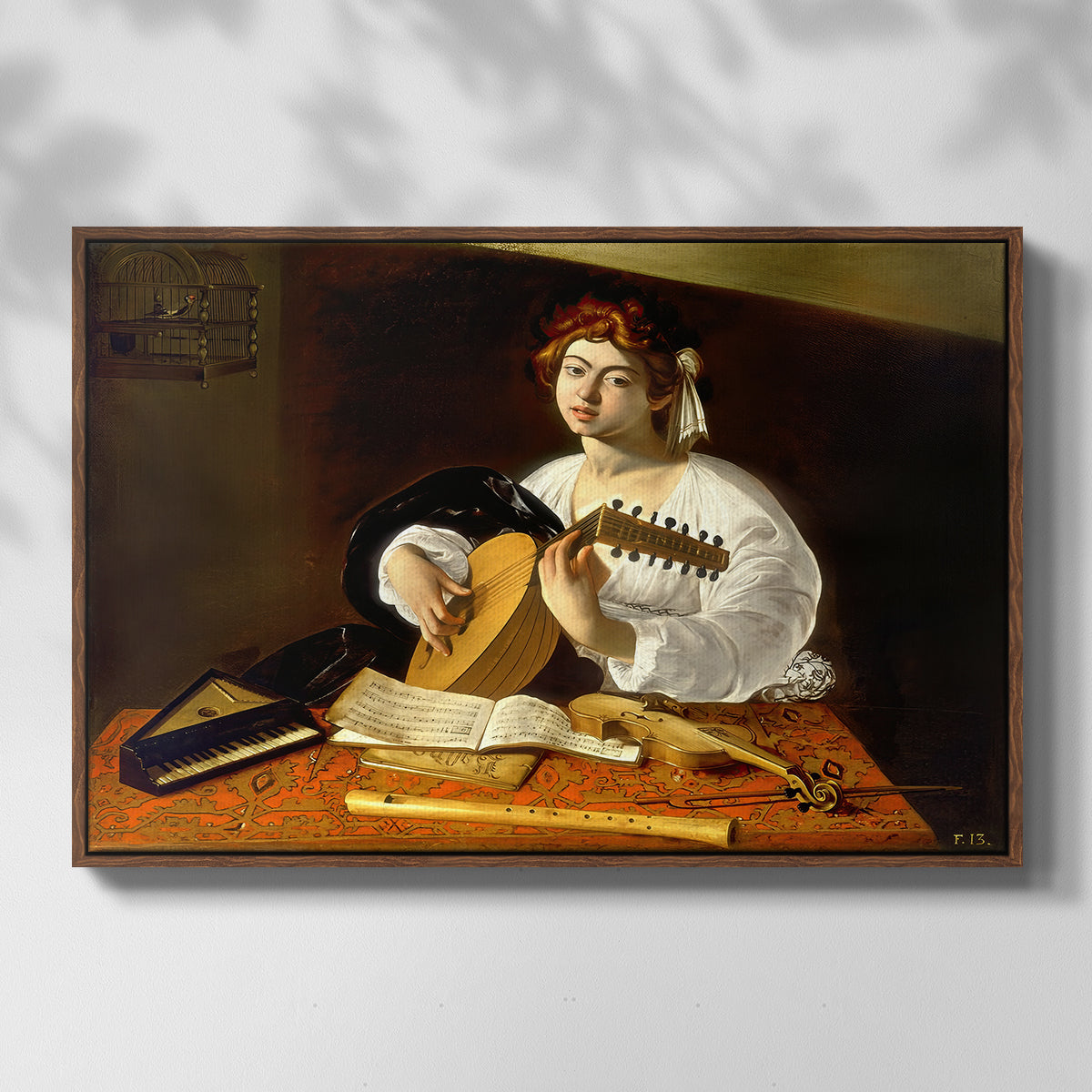 Front view of The Lute Player (Wildenstein Version), c. 1596 by Caravaggio in a walnut floater framed canvas.