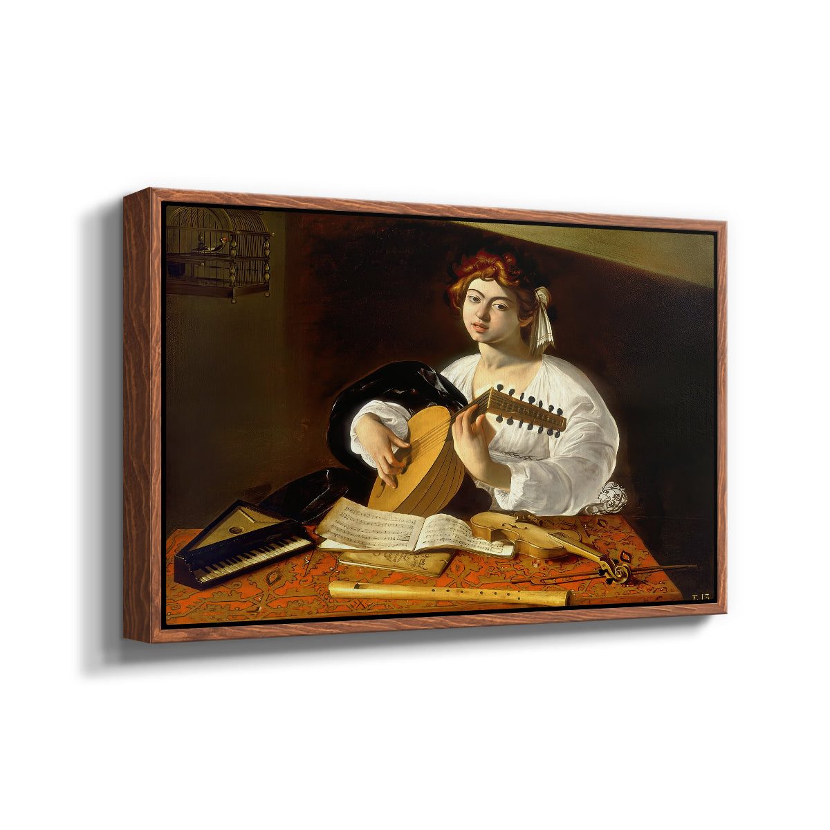 Angled view of The Lute Player (Wildenstein Version), c. 1596 by Caravaggio in a walnut floater framed canvas.