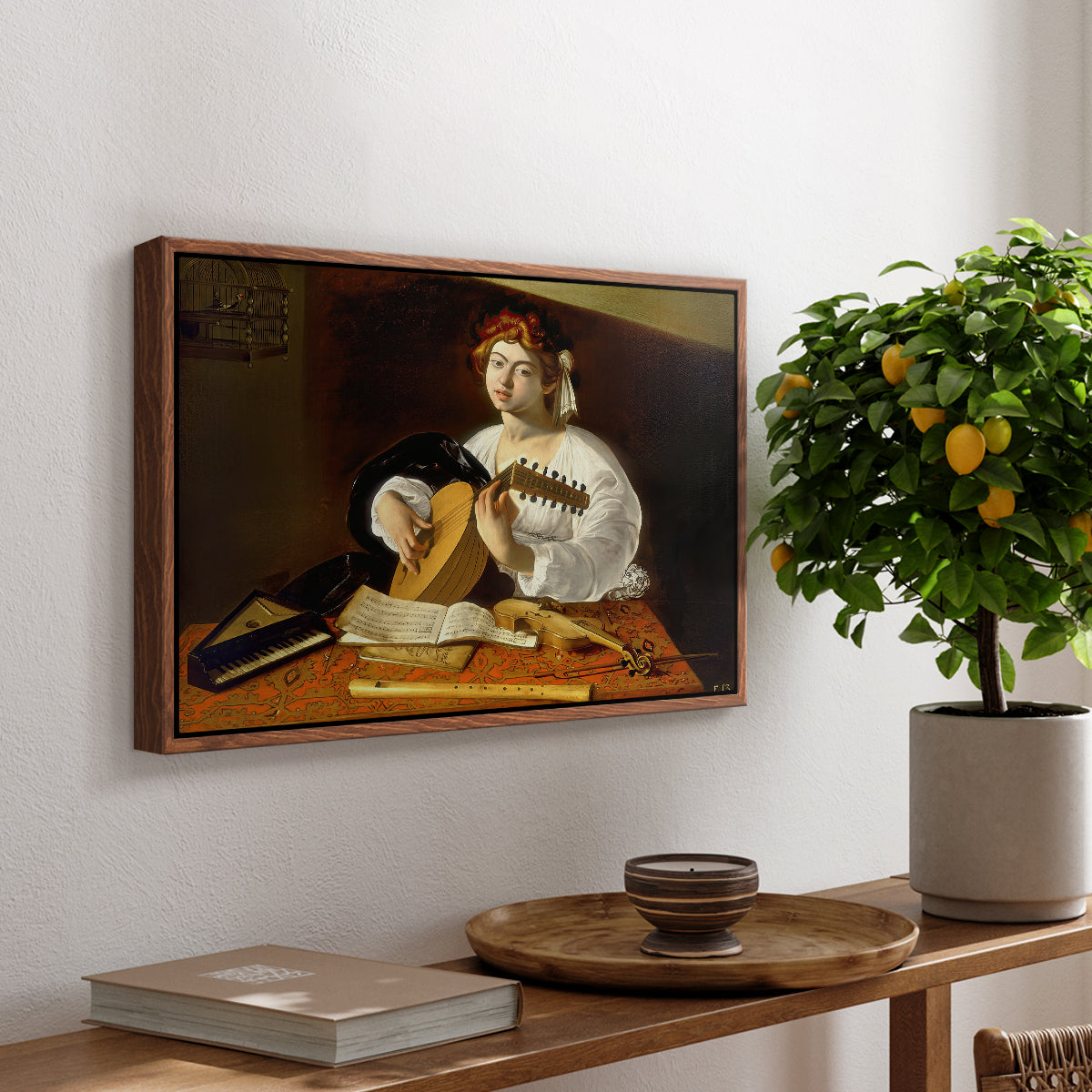 The Lute Player (Wildenstein Version), c. 1596 by Caravaggio, presented in a walnut floater framed canvas featuring a young man playing lute surrounded by sheet music and still life objects, displayed above a hallway console table.