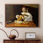 Walnut floater framed canvas featuring a detailed scene of youth playing string instrument with fruit and flowers nearby, displayed above a cabinet in a soft-toned living room.