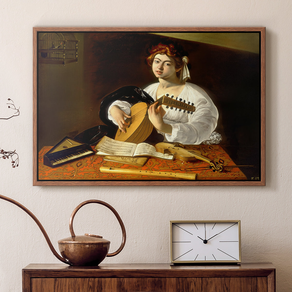 Walnut floater framed canvas featuring a detailed scene of youth playing string instrument with fruit and flowers nearby, displayed above a cabinet in a soft-toned living room.