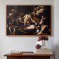 Walnut floater framed canvas featuring The Martyrdom of Saint Matthew, 1599-1600 by Caravaggio above an entryway table in a minimalist foyer.