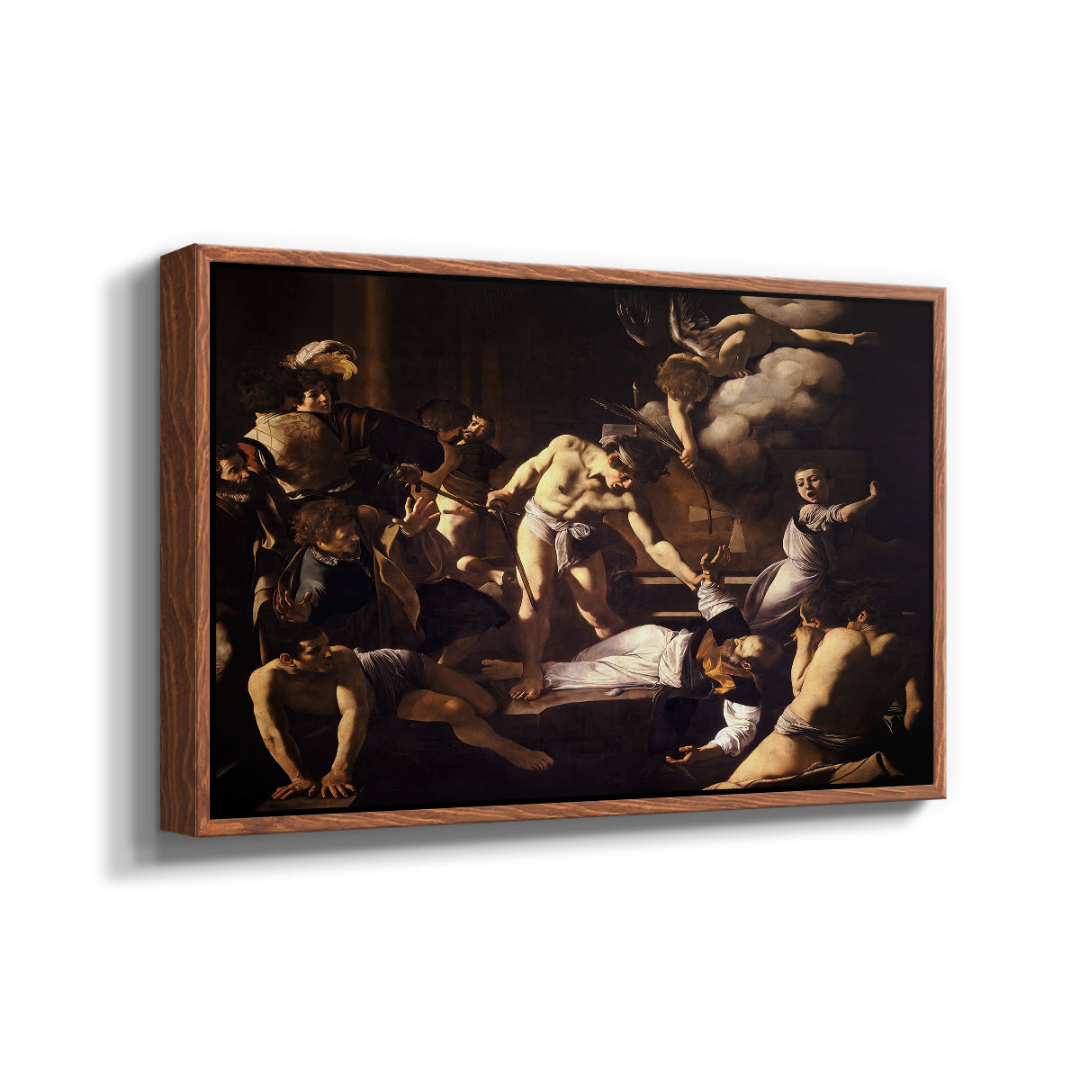 Angled view of The Martyrdom of Saint Matthew, 1599-1600 by Caravaggio in a walnut floater framed canvas.