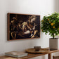 The Martyrdom of Saint Matthew, 1599-1600 by Caravaggio, presented in a walnut floater framed canvas featuring a chaotic scene of Saint Matthew being attacked by executioner in church, displayed above a hallway console table.