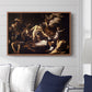 The Martyrdom of Saint Matthew, 1599-1600 by Caravaggio displayed above a sofa in a living room in a walnut floater frame, featuring a dramatic moment of martyrdom with figures reacting in panic.
