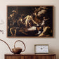 Walnut floater framed canvas featuring a religious narrative showing violent attack on saint in crowded setting, displayed above a cabinet in a soft-toned living room.