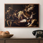 The Martyrdom of Saint Matthew, 1599-1600 by Caravaggio in a walnut floater framed canvas displayed above a console table in a hallway, featuring a Baroque composition of movement and emotion during martyrdom.