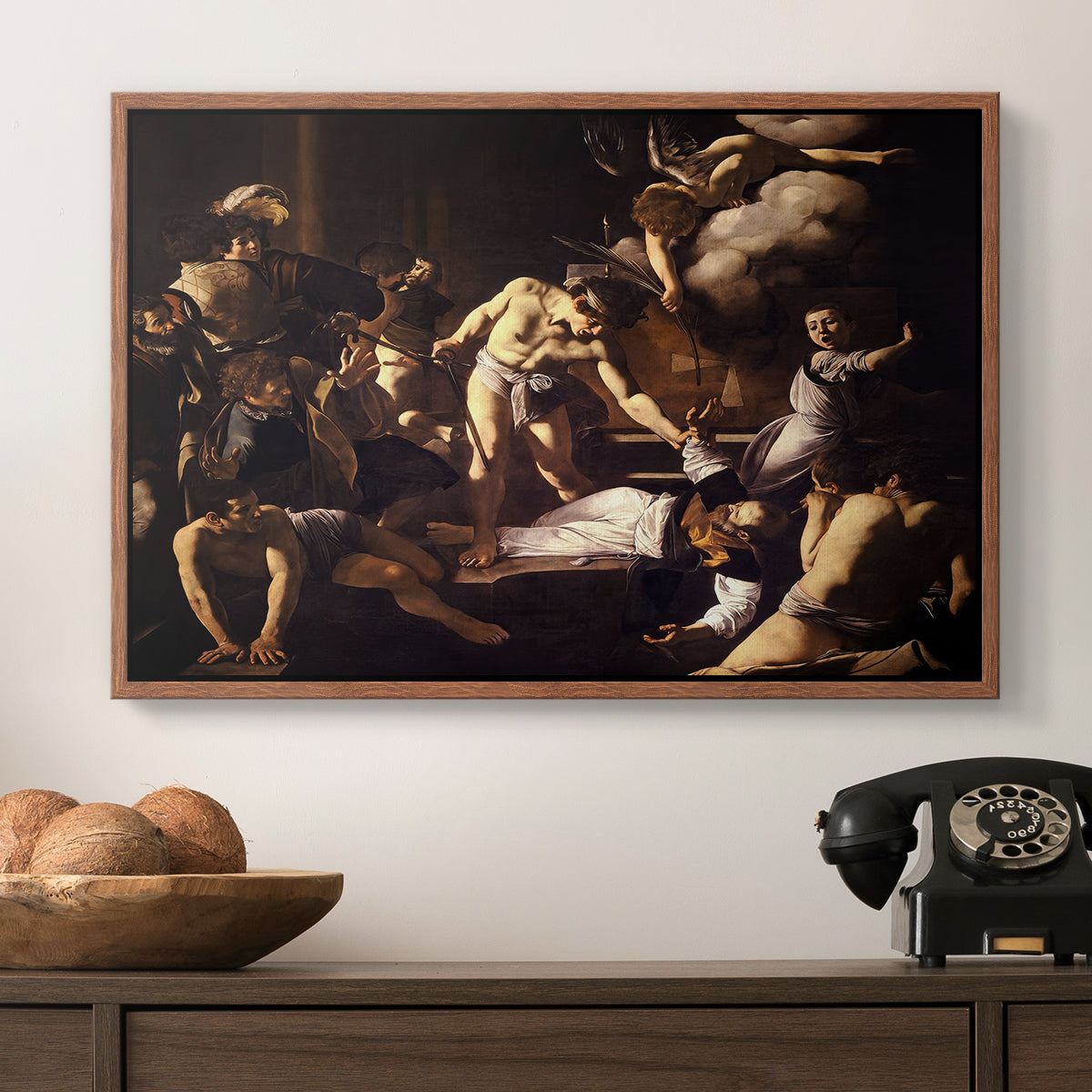 The Martyrdom of Saint Matthew, 1599-1600 by Caravaggio in a walnut floater framed canvas displayed above a console table in a hallway, featuring a Baroque composition of movement and emotion during martyrdom.