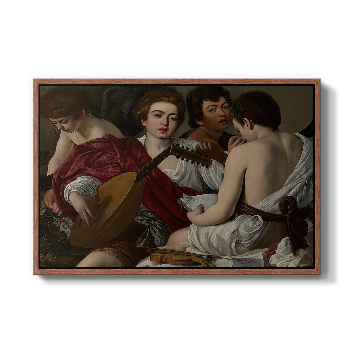 The Musicians, c. 1595 by Caravaggio in a walnut floater framed canvas wall art display.