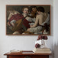 Walnut floater framed canvas featuring The Musicians, c. 1595 by Caravaggio above an entryway table in a minimalist foyer.