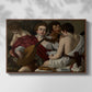 Front view of The Musicians, c. 1595 by Caravaggio in a walnut floater framed canvas.