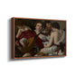 Angled view of The Musicians, c. 1595 by Caravaggio in a walnut floater framed canvas.