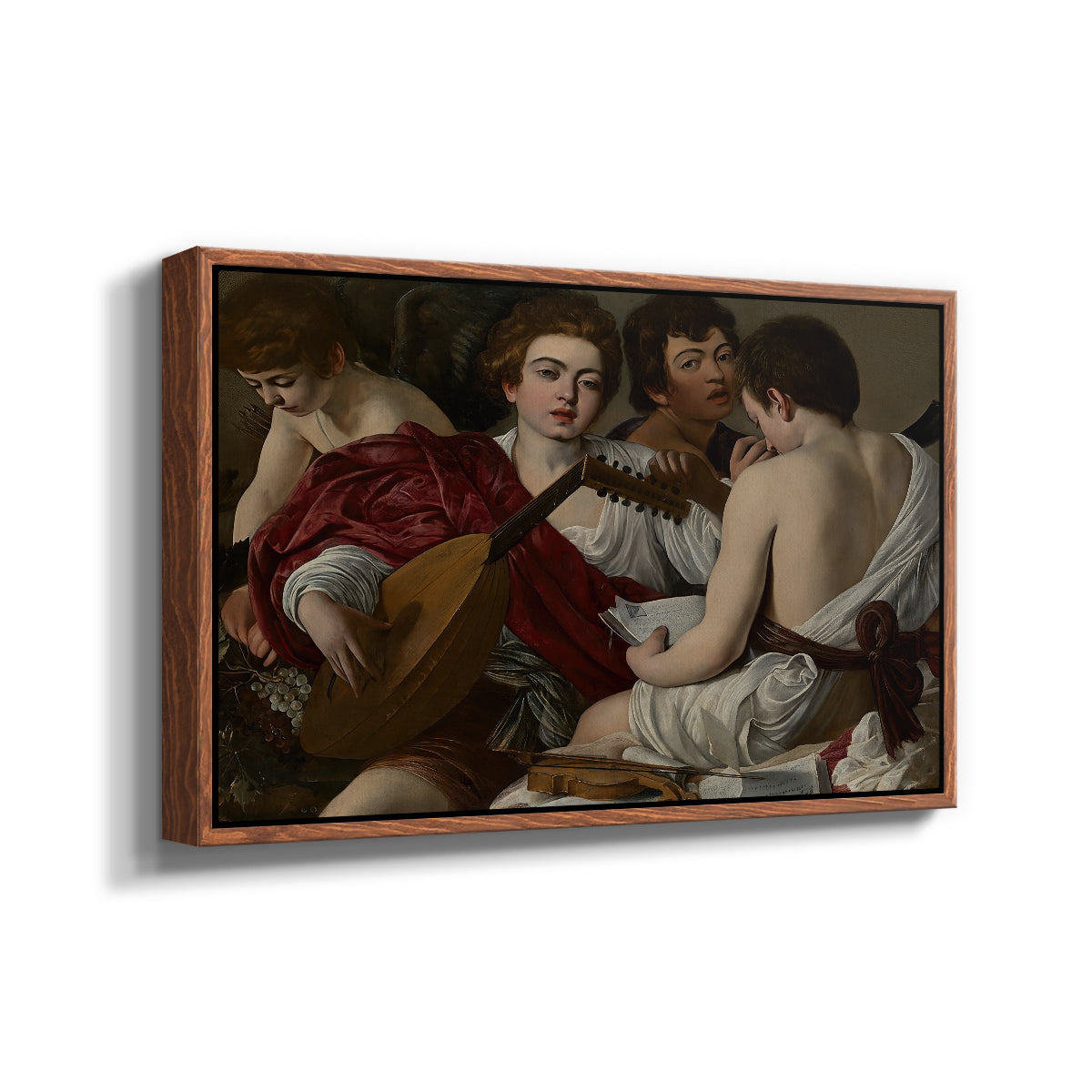 Angled view of The Musicians, c. 1595 by Caravaggio in a walnut floater framed canvas.