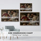 Size comparison chart for walnut floater framed canvas featuring The Musicians, c. 1595 by Caravaggio.