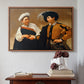 Walnut floater framed canvas featuring The Fortune Teller (Capitoline Version), c. 1599 by Caravaggio above an entryway table in a minimalist foyer.