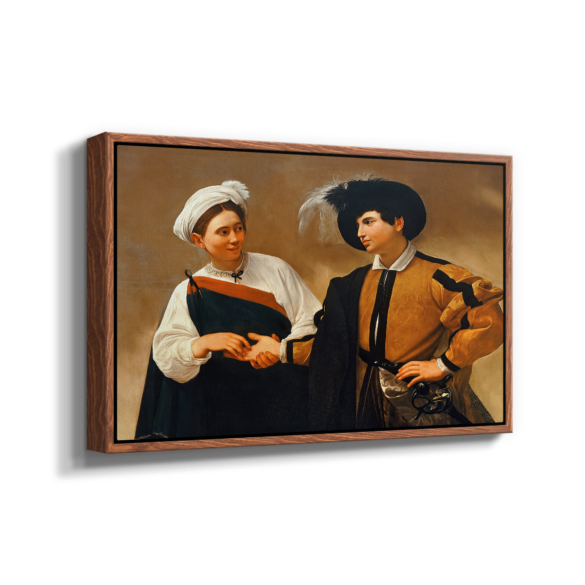 Angled view of The Fortune Teller (Capitoline Version), c. 1599 by Caravaggio in a walnut floater framed canvas.