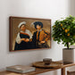 The Fortune Teller (Capitoline Version), c. 1599 by Caravaggio, presented in a walnut floater framed canvas featuring a woman reading man's palm while discreetly removing his ring, displayed above a hallway console table.