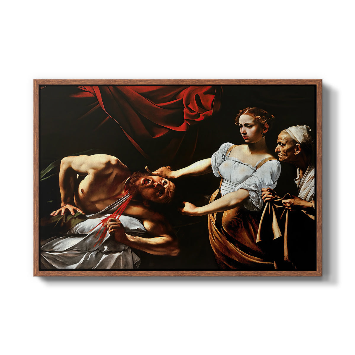Judith Beheading Holofernes, c. 1599 by Caravaggio in a walnut floater framed canvas wall art display.