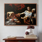 Walnut floater framed canvas featuring Judith Beheading Holofernes, c. 1599 by Caravaggio above an entryway table in a minimalist foyer.