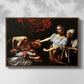 Front view of Judith Beheading Holofernes, c. 1599 by Caravaggio in a walnut floater framed canvas.