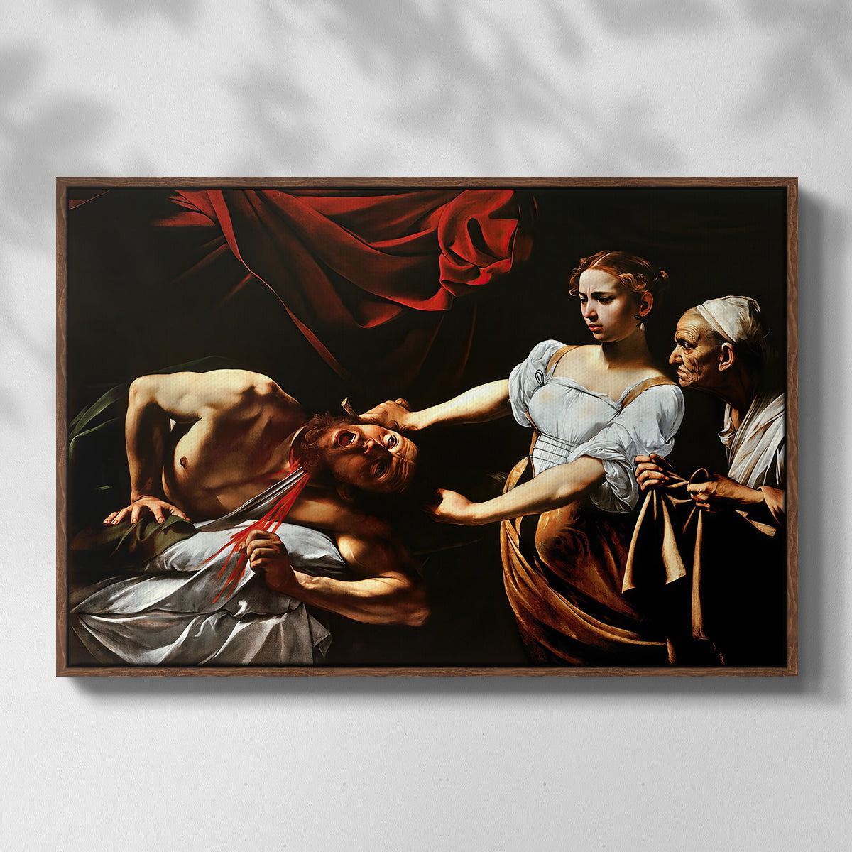 Front view of Judith Beheading Holofernes, c. 1599 by Caravaggio in a walnut floater framed canvas.