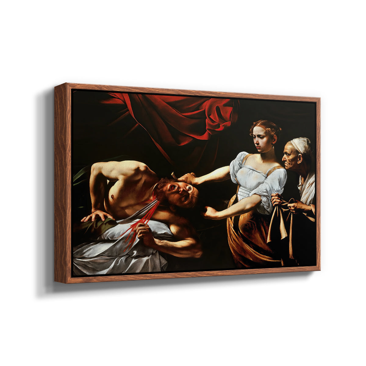 Angled view of Judith Beheading Holofernes, c. 1599 by Caravaggio in a walnut floater framed canvas.