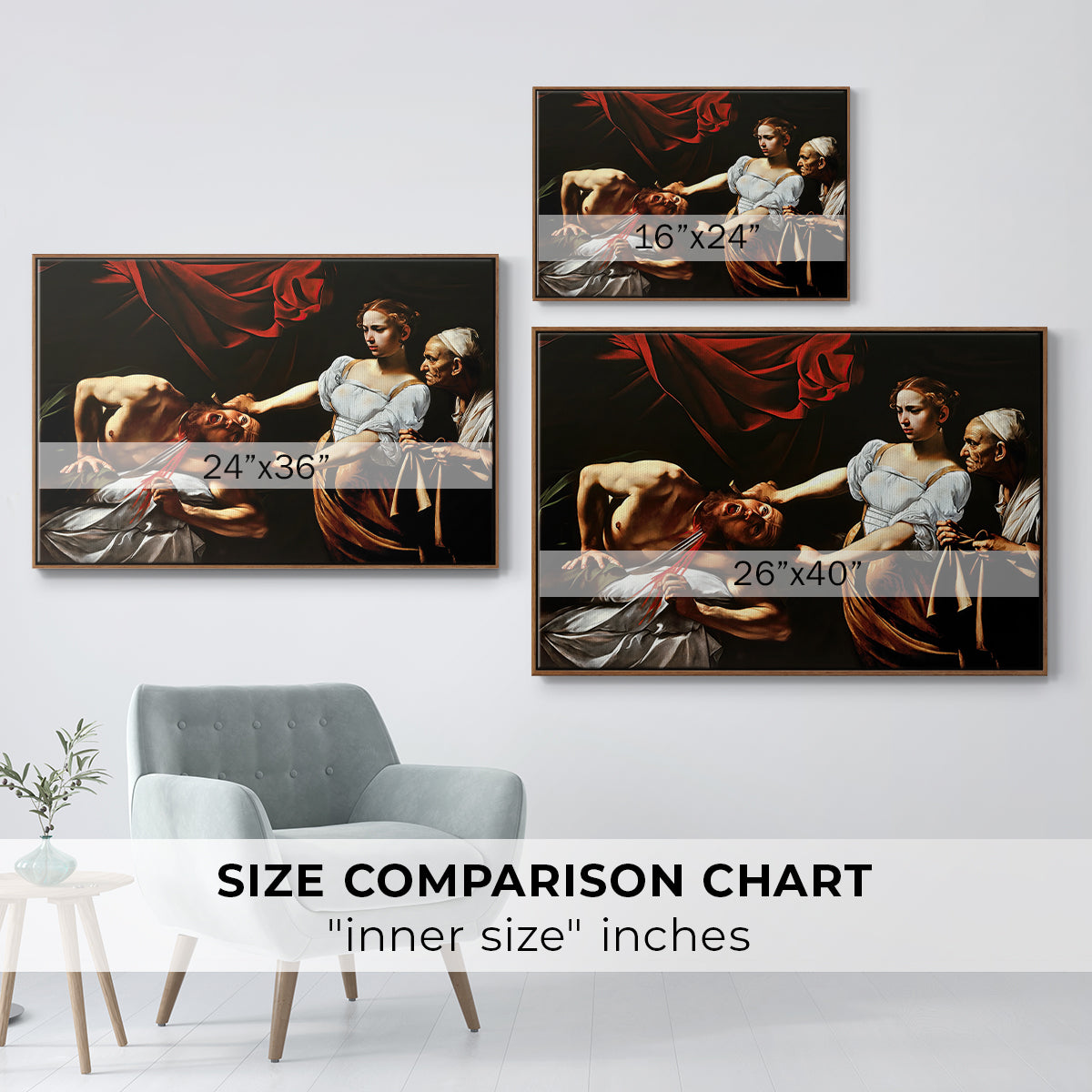 Size comparison chart for walnut floater framed canvas featuring Judith Beheading Holofernes, c. 1599 by Caravaggio.